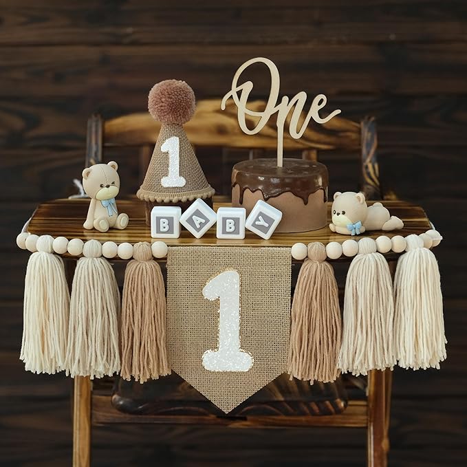 Boho Nude 1st Birthday Highchair Wood Bead Tassel Garland Conical