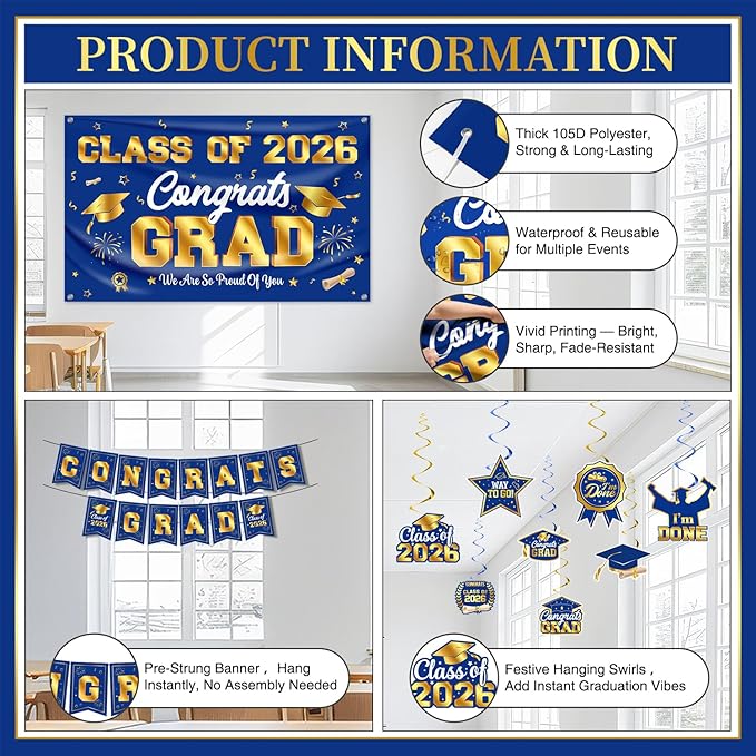 Graduation Decorations Class of 2026 Blue and Gold Graduation Party
