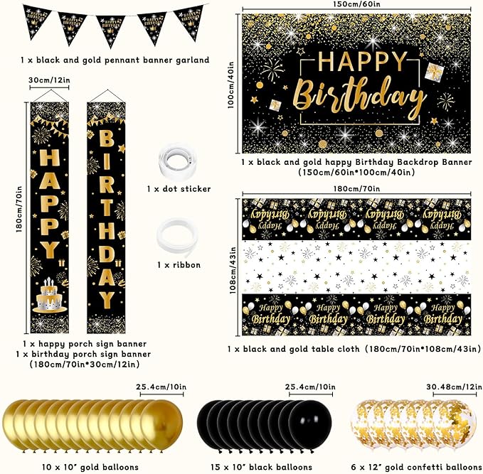 Black and Gold Birthday Decorations for Men Women 37pcs Black and