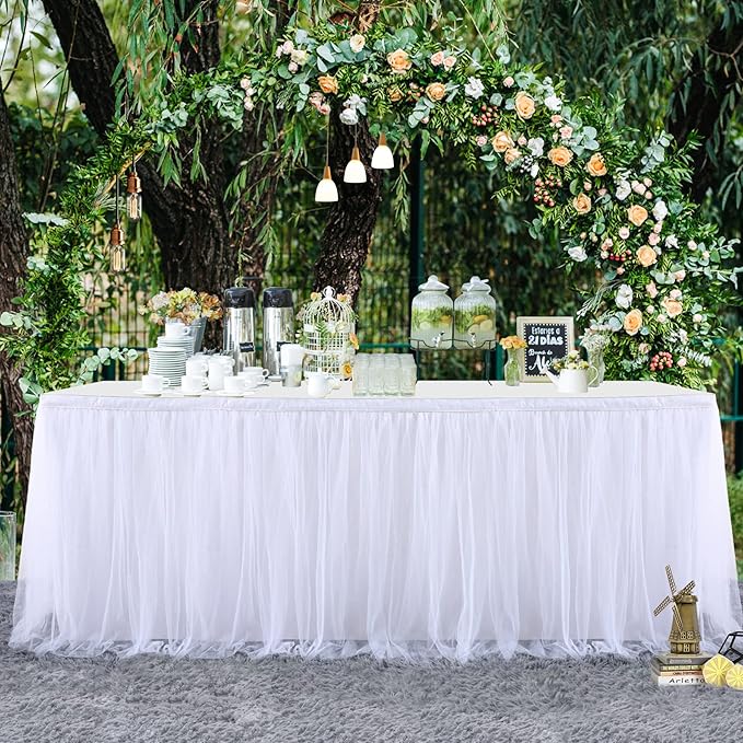 2 Pack 6ft White Tulle Table Skirts for wedding Bridal Shower White