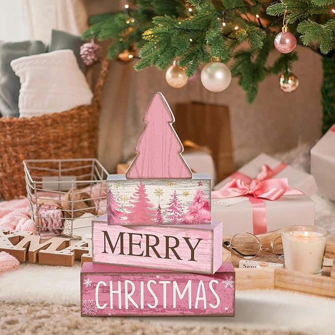 4 Pcs Christmas Table Decoration Wooden Pink Christmas Tree