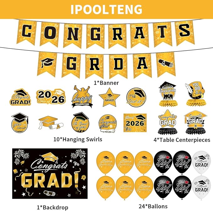 Graduation Decorations 2026 Set - Gold Themed Congrats Grad Banner,