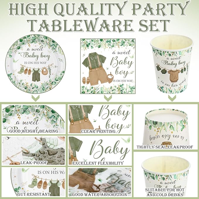 200 Pcs Greenery Baby Shower Paper Plates Napkins Cups Baby Shower