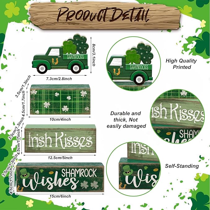 4 Pcs St Patrick's Day Table Decoration Wooden Shamrocks Truck St