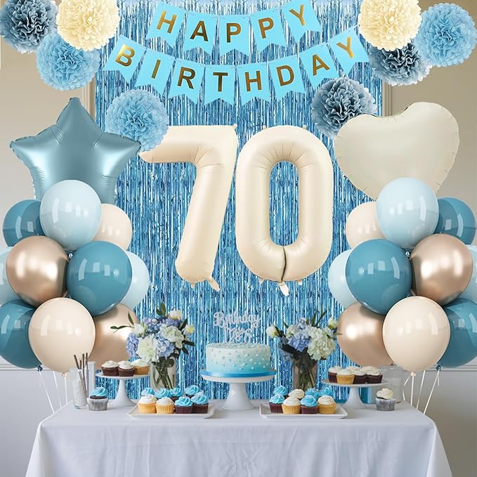 Dusty Blue 70th Birthday Party Decorations for Women Men Beige Cream