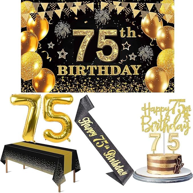 75th Birthday Decorations Men Women with 75th Birthday Banner Black