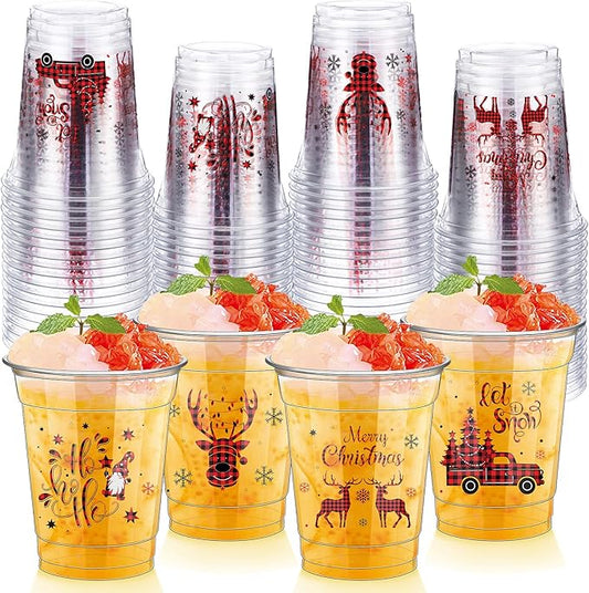 50 Pcs Merry Christmas Buffalo Plaid Plastic Cups 12 oz Clear