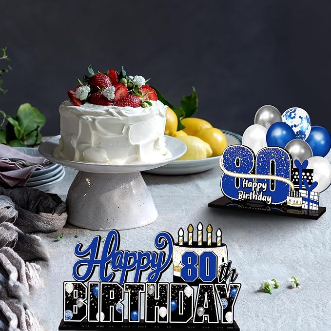 LINGTEER Happy 80th Birthday Blue Acrylic Table Topper Centerpieces