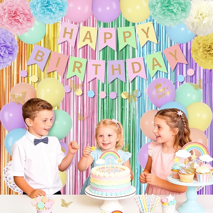 Pastel Birthday Decorations for Women Girls, Rainbow Colorful Printed