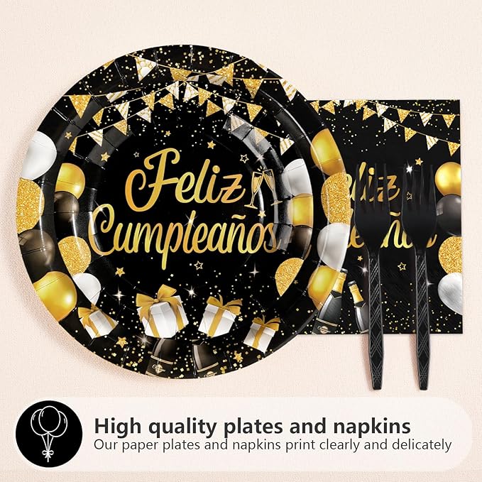 96Pcs Black and Gold Birthday Party Supplies Feliz Cumpleaños Gold