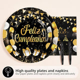 96Pcs Black and Gold Birthday Party Supplies Feliz Cumpleaños Gold