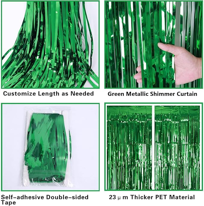 2 Pack Green Tinsel Curtain Party Backdrop, 3.2Ft x 8.2Ft Metallic