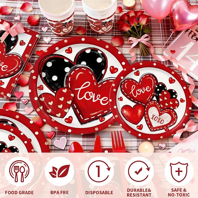 168Pcs Valentine's Day Party Supplies Red and Black Heart Party