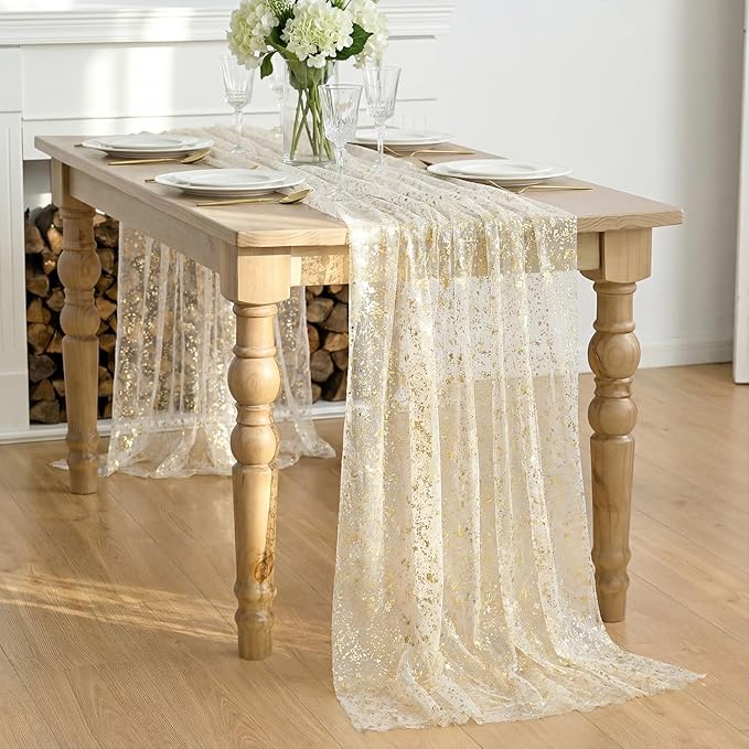 Artoid Mode Beige Gold Gauze Table Runner 59x120 Inch 10FT, Glitter