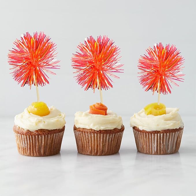 Gyufise 30Pcs Foil Firework Cupcake Toppers Sparkle Tinsel Cake Topper