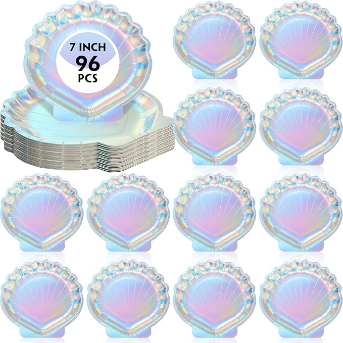 96 Pcs Iridescent Paper Plates 7 Inch Mermaid Seashell Paper Plates