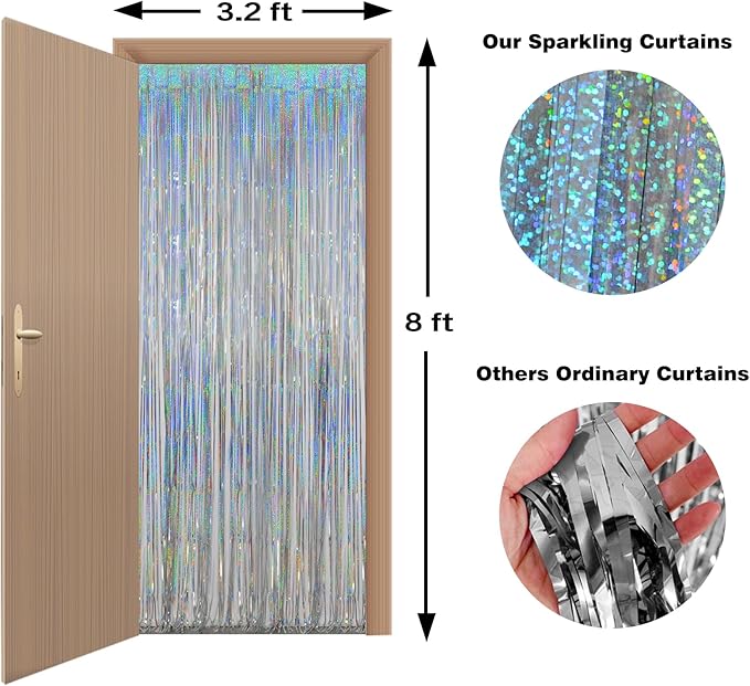 Melsan Silver Tinsel Backdrop Curtain, 3.2 ft x 8 ft Silver Foil