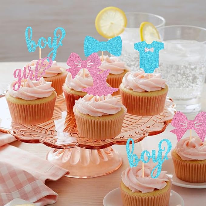 24 Pack Boy or Girl Cupcake Toppers Pink and Blue Glitter Baby