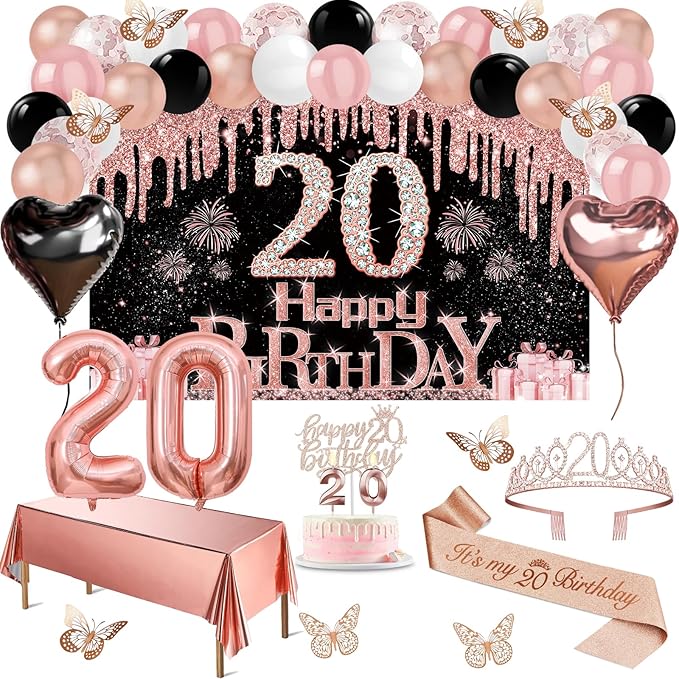20th Birthday Decorations for Her 49pcs Black Rose Gold Black Banner