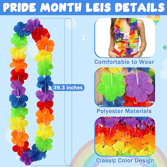 Arrowom Pride Accessories, 24pcs LGBTQ Floral Leis Decorations Bulk,