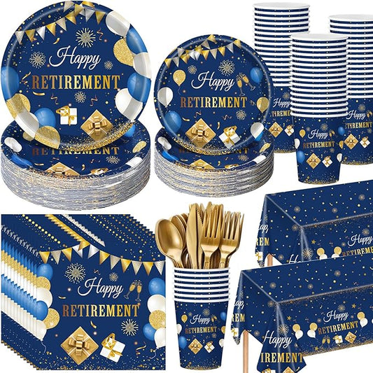 Pickmesh 194 Pcs Blue Gold Happy Retirement Party Decorations