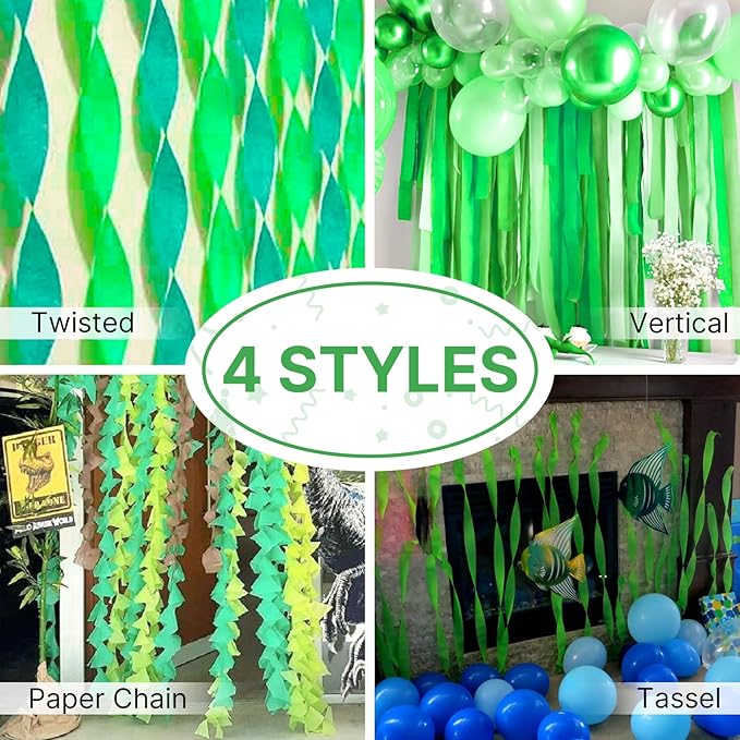 PartyWoo Crepe Paper Streamers 6 Rolls 492ft, Pack of Grass Green and
