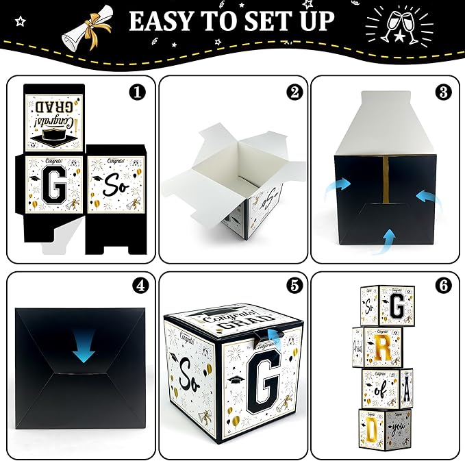 OHOME 8 Pack Graduation Decorations 2026 - Black Gold Balloon Boxes