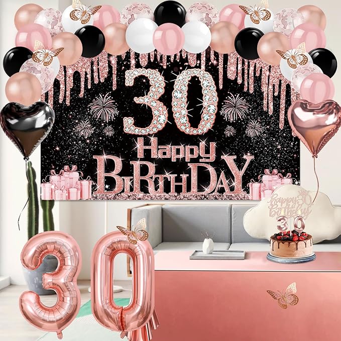 30th Birthday Decorations for Her 49pcs Black Rose Gold Black Happy