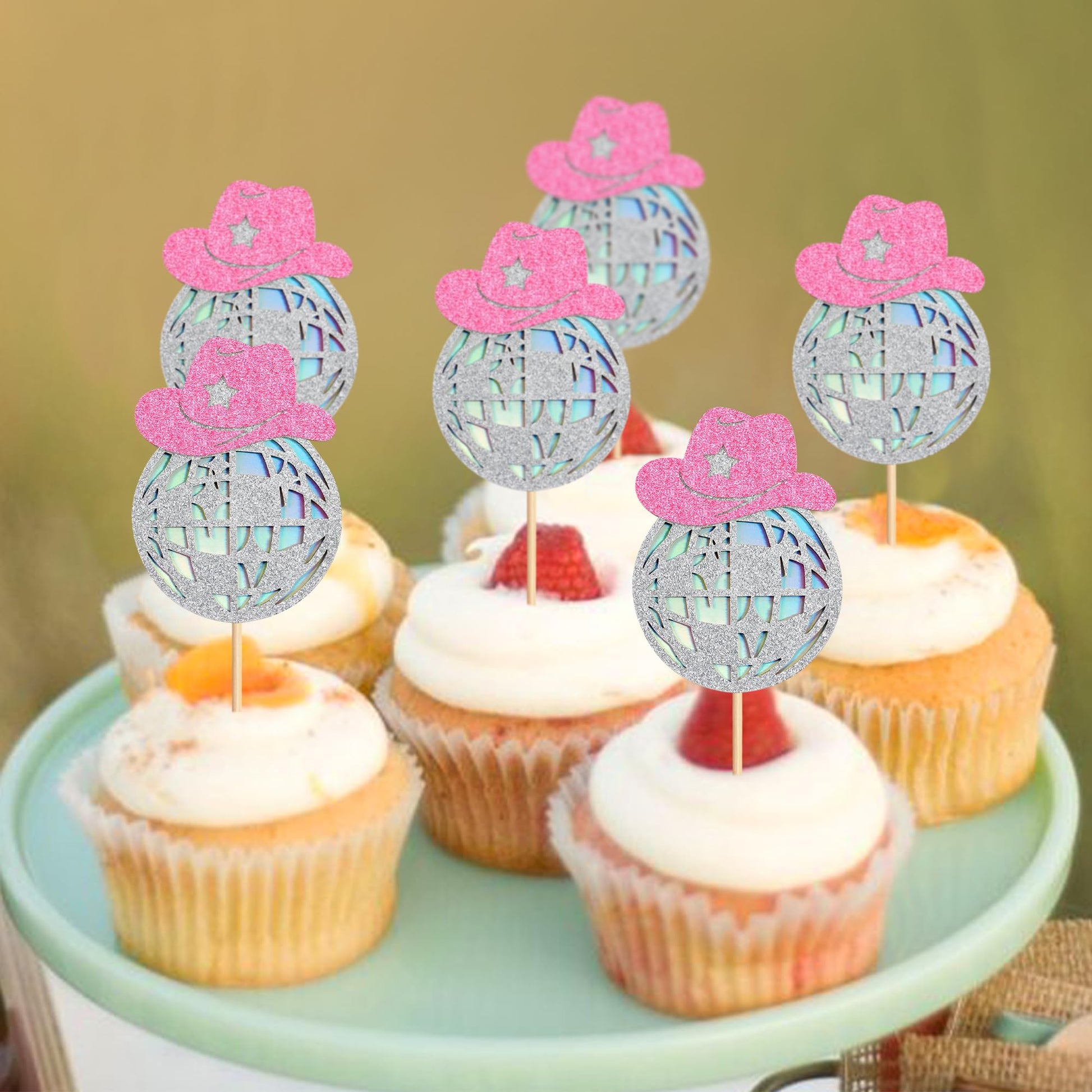 Cyodoos 24 Sparkling Disco Ball Cowboy Hat Cupcake Topper Western