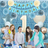 Dusty Blue 1st Birthday Decorations Beige Cream Number 1 Balloon
