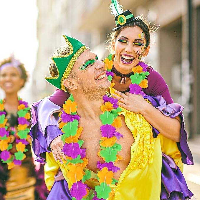 Mardi Gras Leis Accessories, 24PCS Purple Gold Green Silk Flower