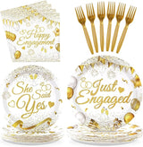 96 Pcs Happy Engagement Party Supplies White and Gold Engagement