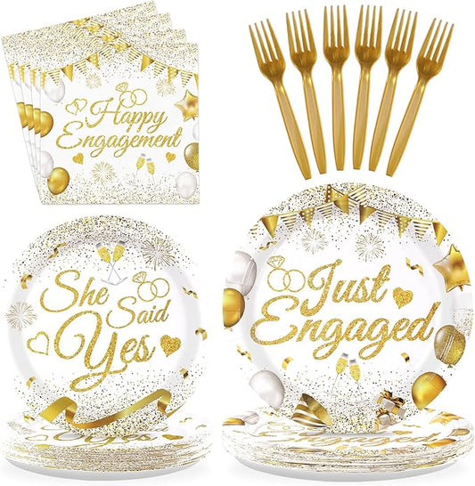 96 Pcs Happy Engagement Party Supplies White and Gold Engagement