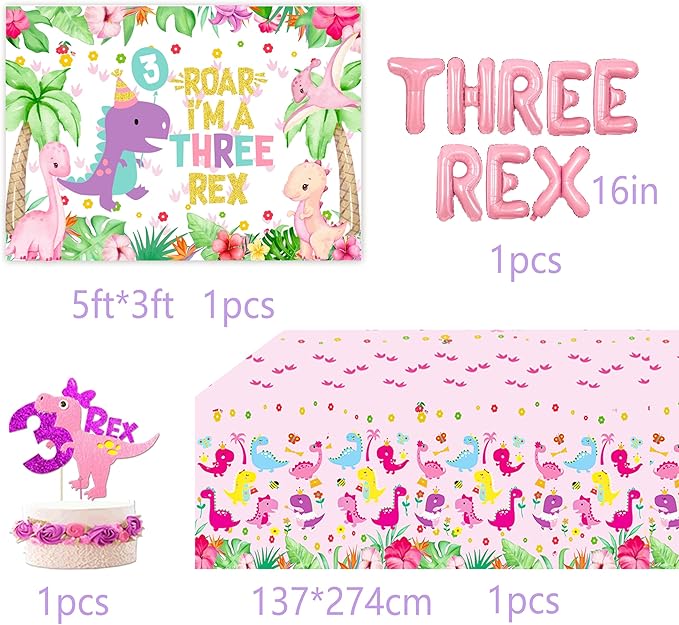 Pink Dinosaur Party Supplies For Girls 3rd Birthday Decorations