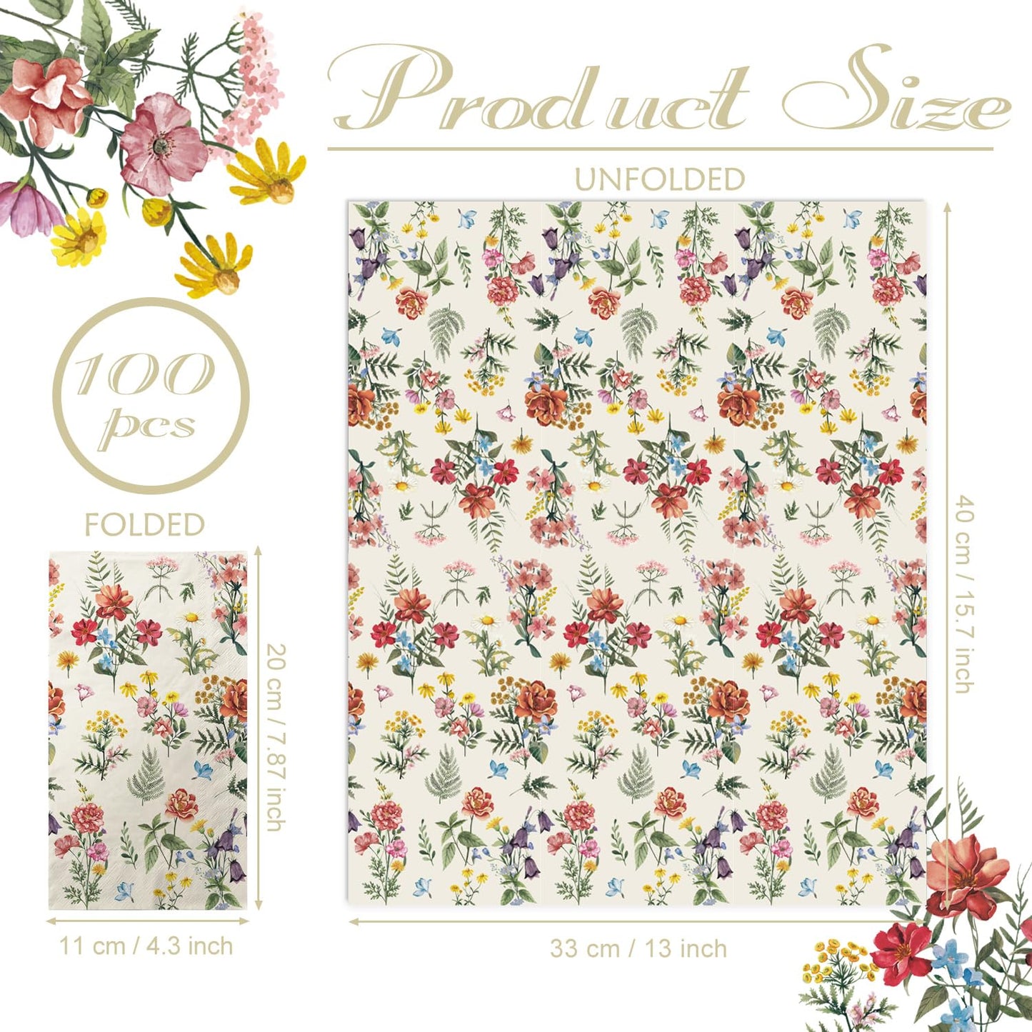 100 Flower Napkins Watercolor Floral Vintage Wild Flower Disposable