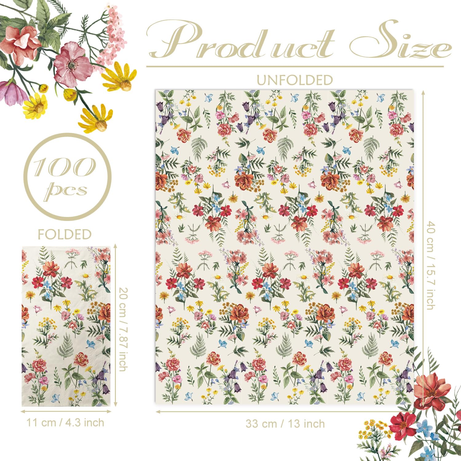 100 Flower Napkins Watercolor Floral Vintage Wild Flower Disposable