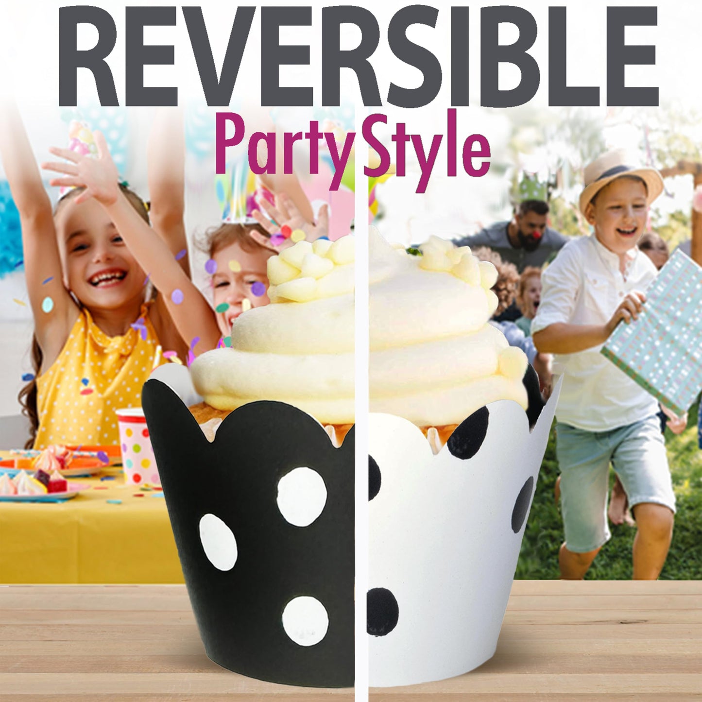 Cupcake Wrappers - Black & White Wedding, Painted Polka Dot Chic