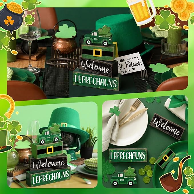 4 Pcs St Patricks Day Table Decor Leprechaun Wooden Stacked Blocks