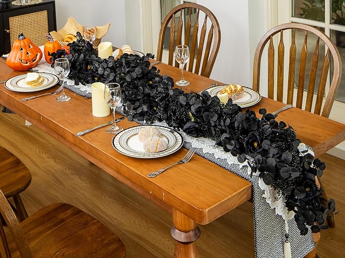 6FT Black Halloween Garland with 10 Black Rose and Berries