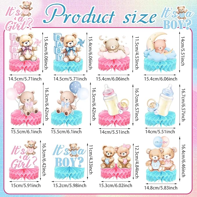Bear Gender Reveal Decorations Includes 12pcs Pink and Blue Bear