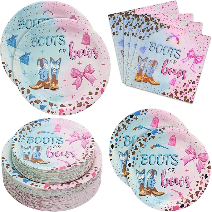 180Pcs Boots Bows Gender Reveal Birthday Party Supplies Serves 60