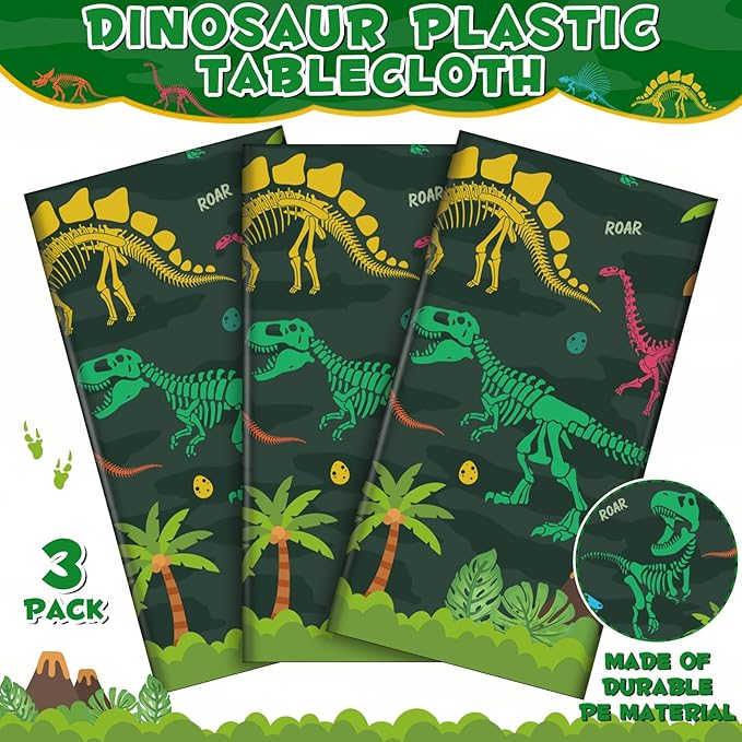3 Pack Dinosaur Plastic Tablecloth 54 X 108Inch Disposable Dinosaur