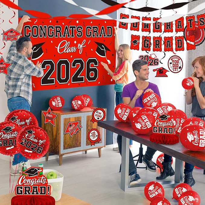 Red Themed 2026 Graduation Decorations Set Congrats Grad Banner