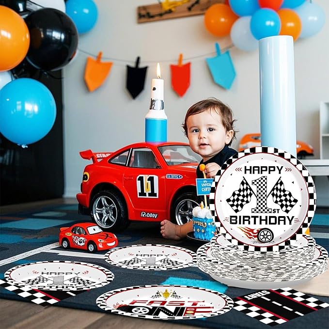 96 Pcs Fast One Birthday Decorations Race Car 1st Birthday Plates