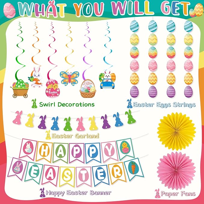 55 Pcs Easter Decorations Happy Easter Banner Hanging Decorations