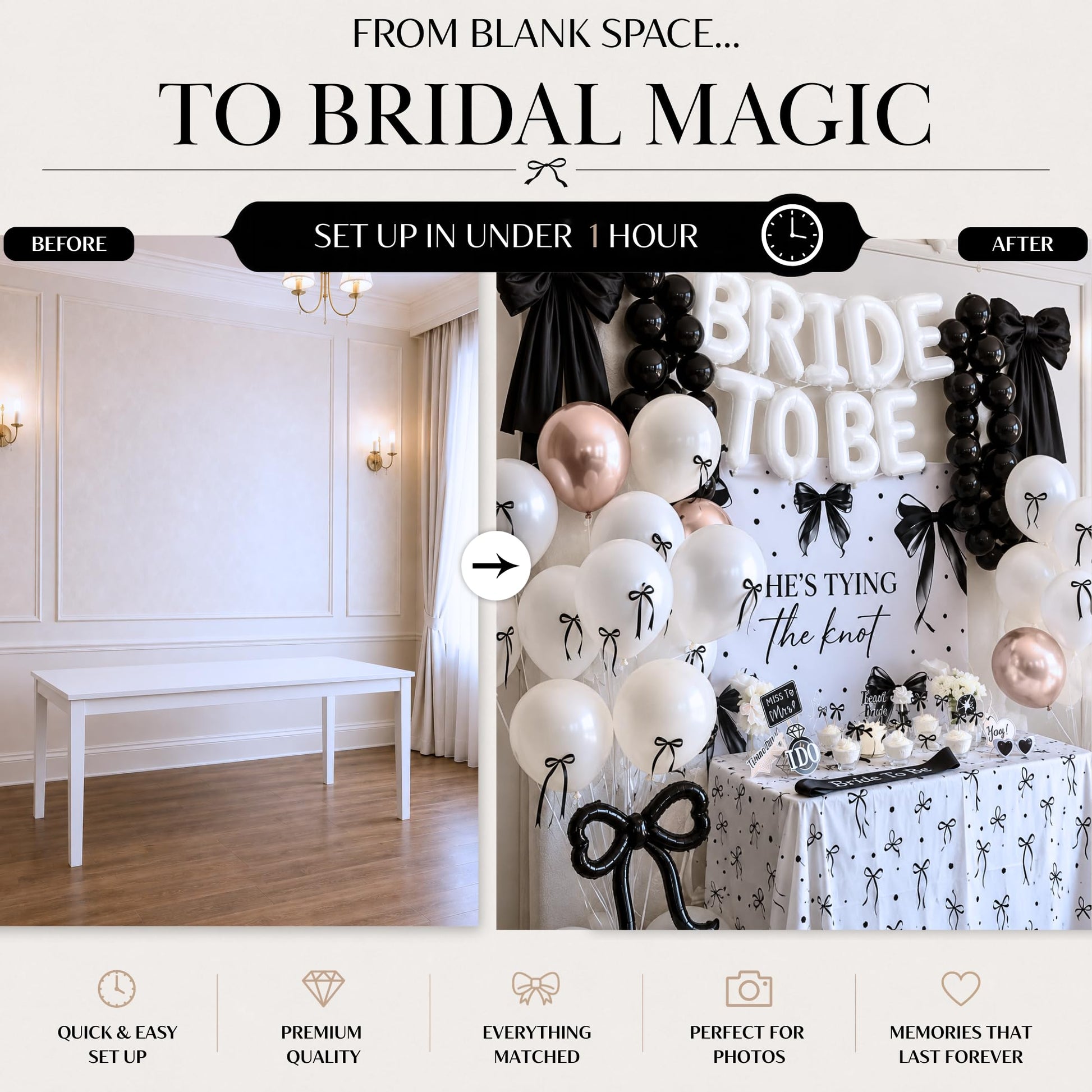 325 Pc Black Bow Bridal Shower Decorations Set - She’s Tying the Knot