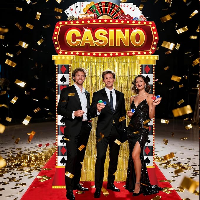 3 Pcs Casino Night Porch Sign Banner with Fringe Backdrop Curtains