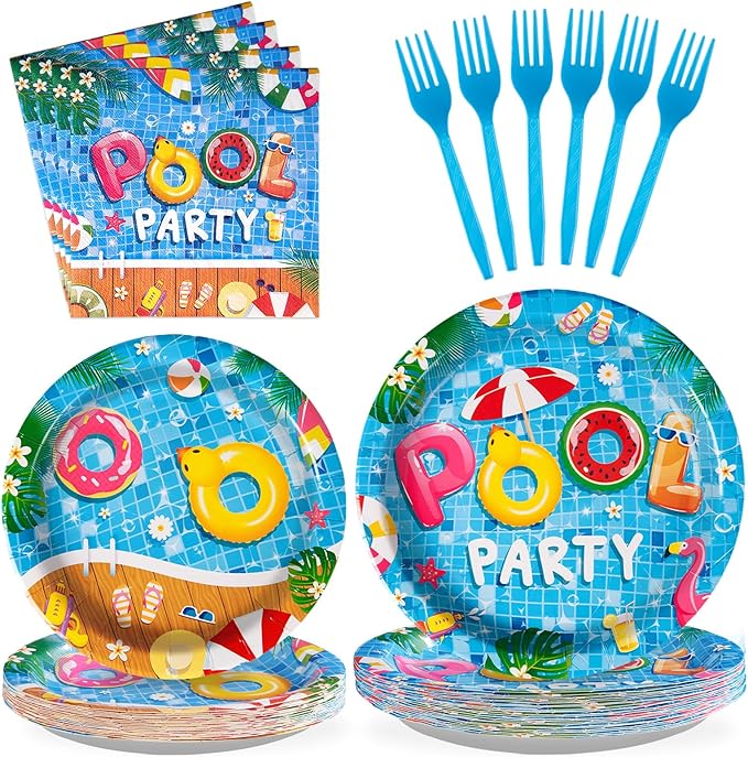 200 Pcs Pool Party Supplies Summer Pool Party Plates and Napkins