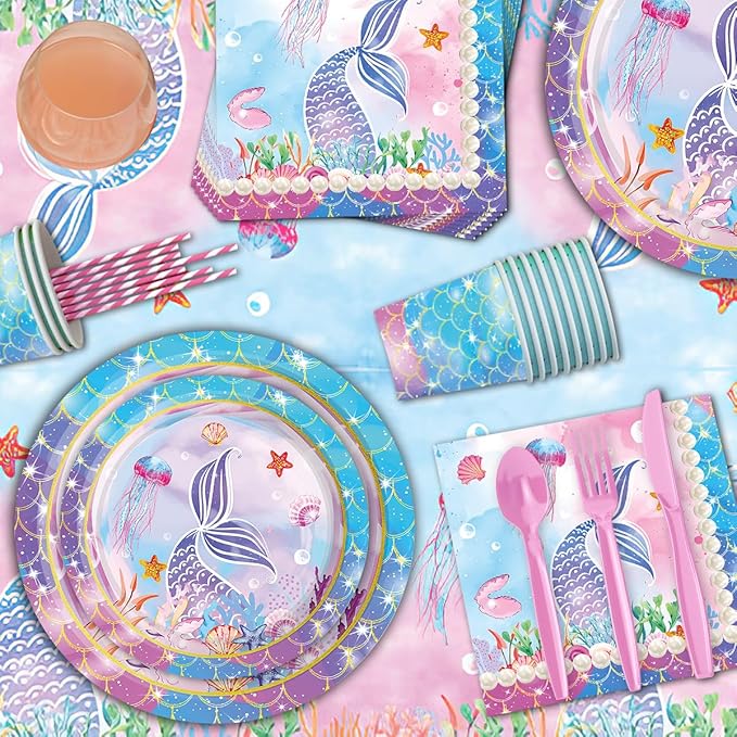 Mermaid Birthday Decorations Disposable Tableware Plates for Baby