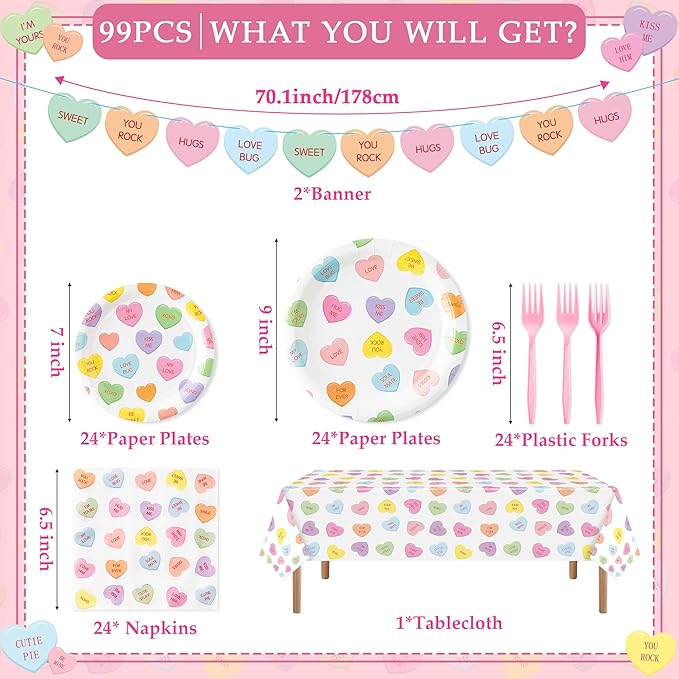 99Pcs Valentine's Day Party Supplies Conversation Heart Party